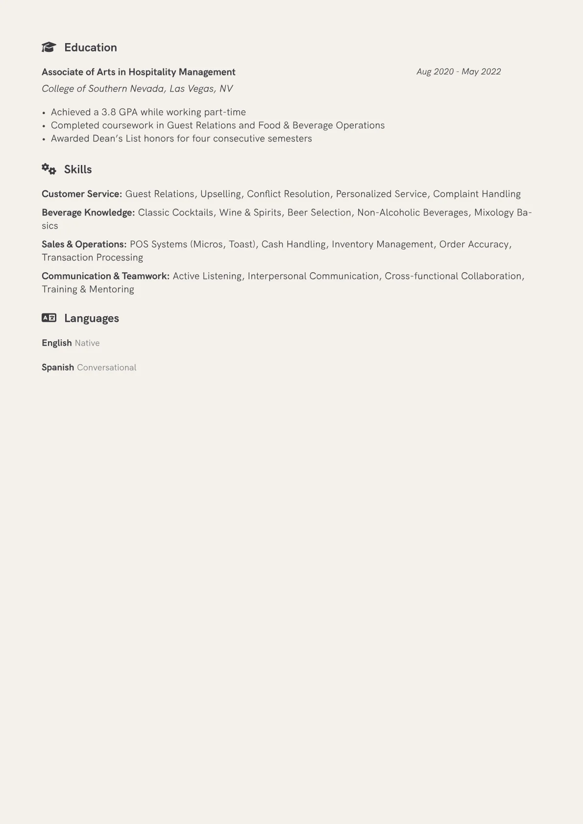 Cocktail Server Resume Example CV template - Page 2