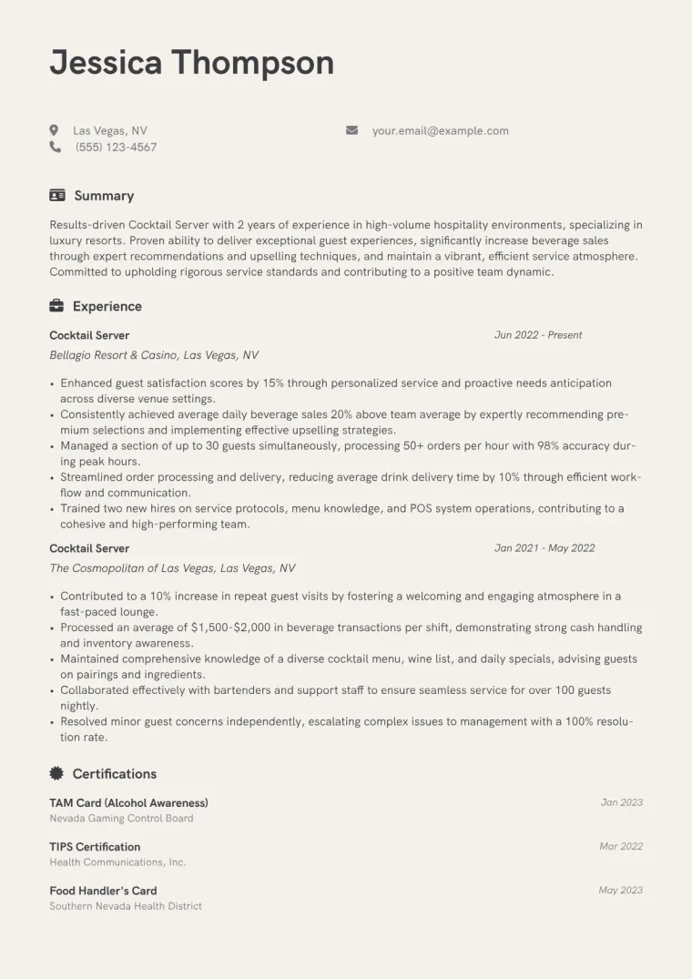 Cocktail Server Resume Example CV template preview