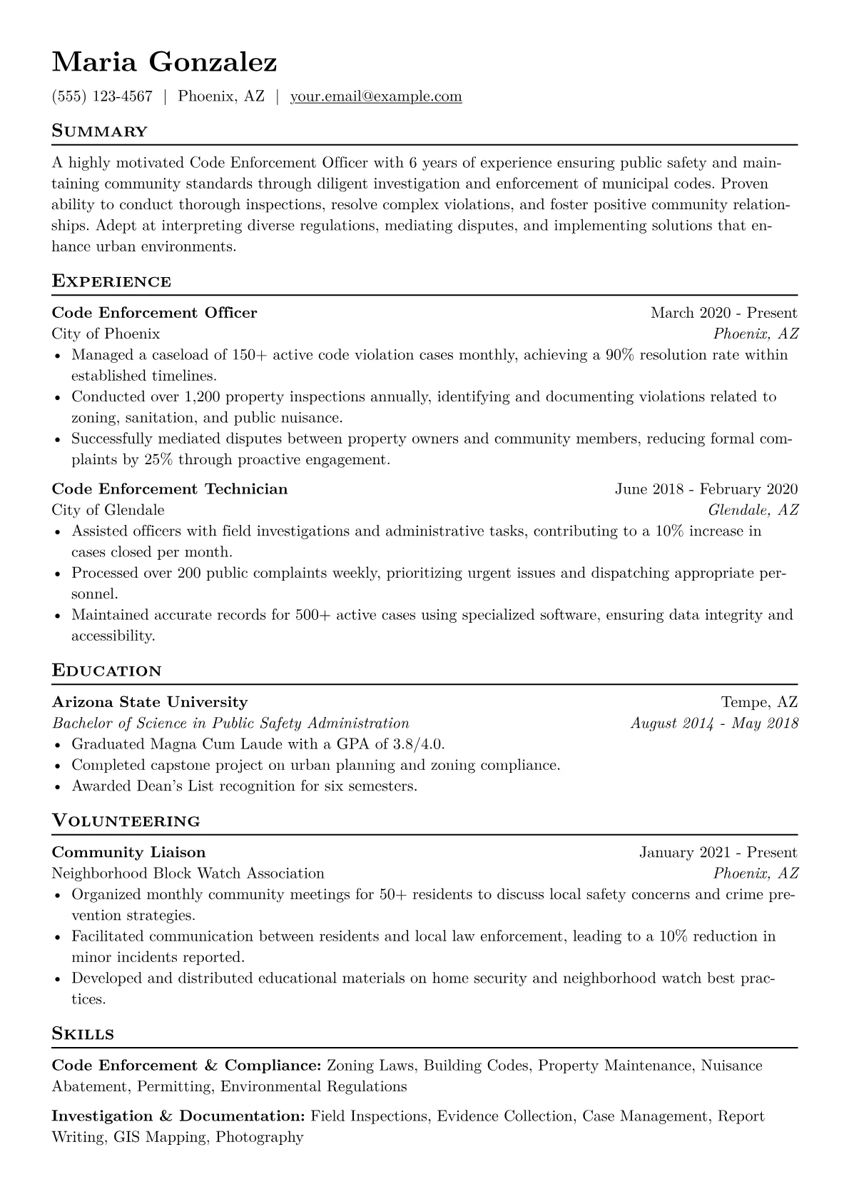Code Enforcement Officer Resume Example CV template - Page 1