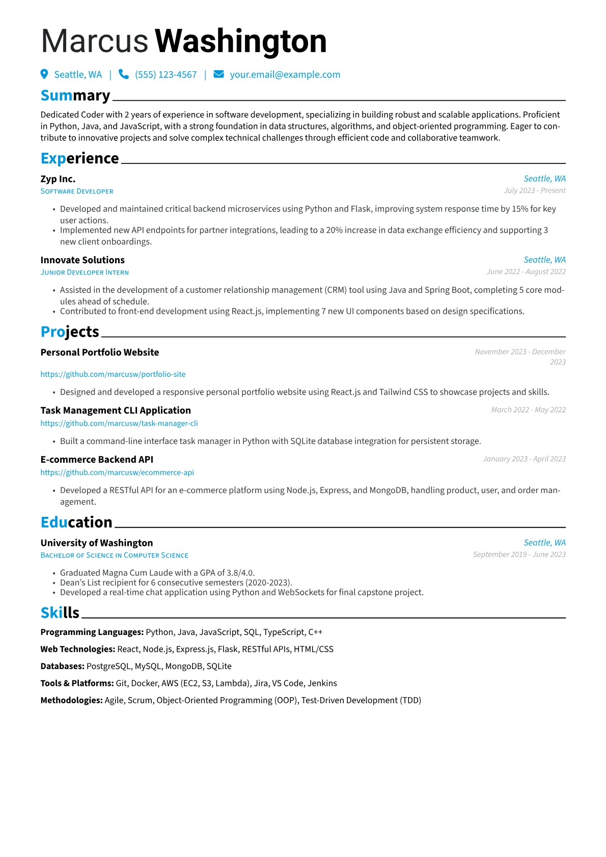 Coder Resume Example CV template - Page 1