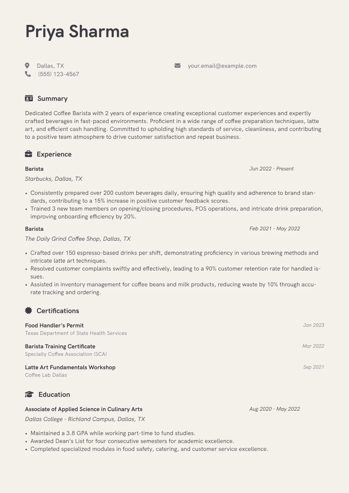 Coffee Barista Resume Example CV template - Page 1