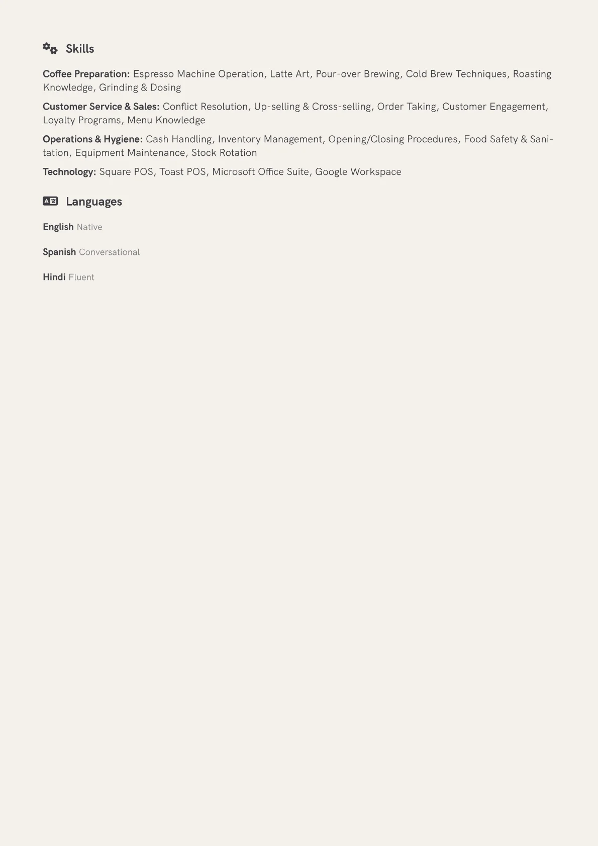 Coffee Barista Resume Example CV template - Page 2