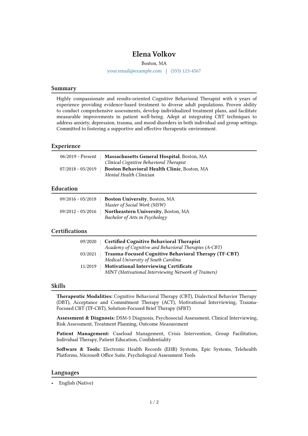 Cognitive Behavioral Therapist Resume Example CV template - Page 1