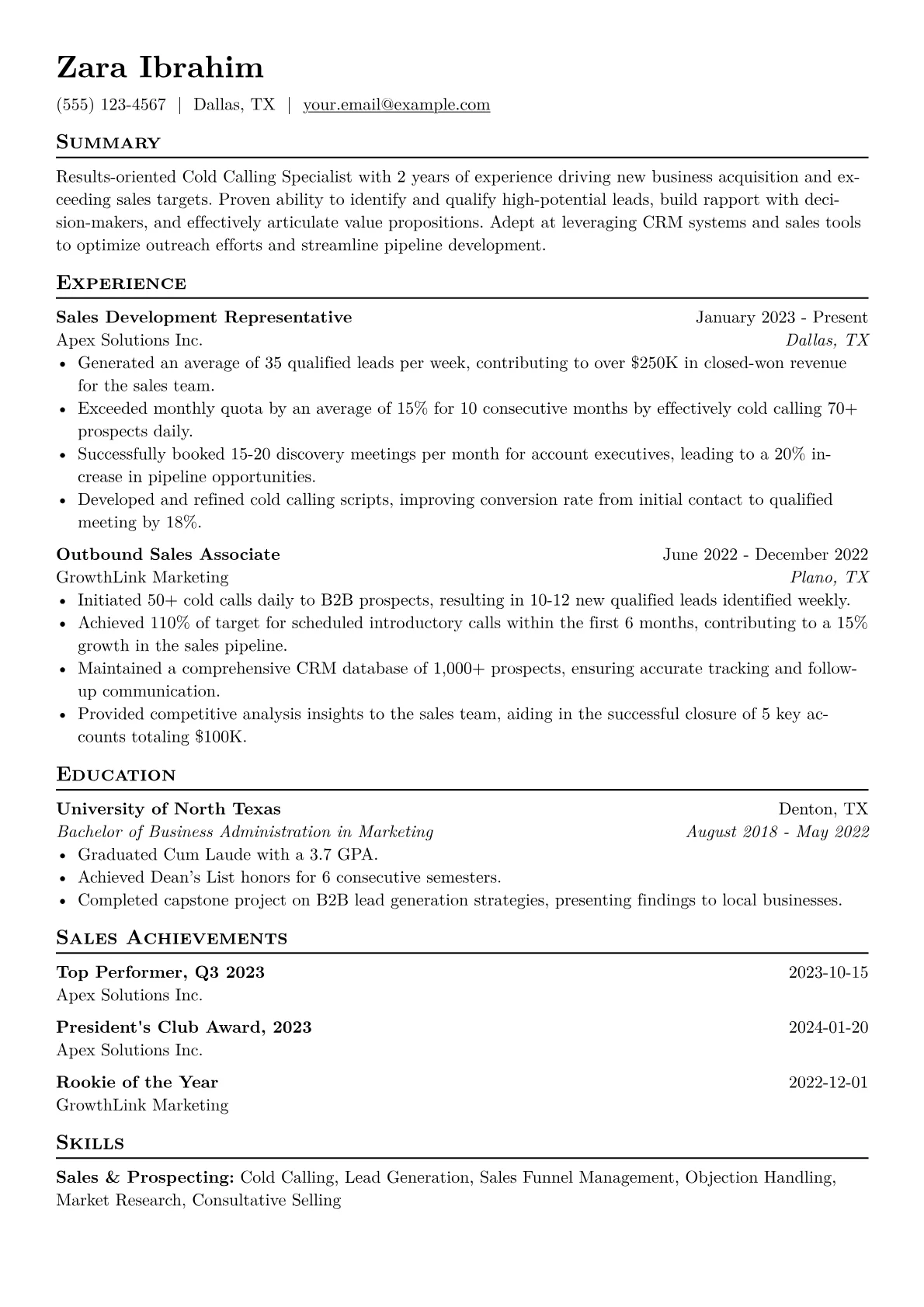 Cold Calling Specialist Resume Example CV template - Page 1