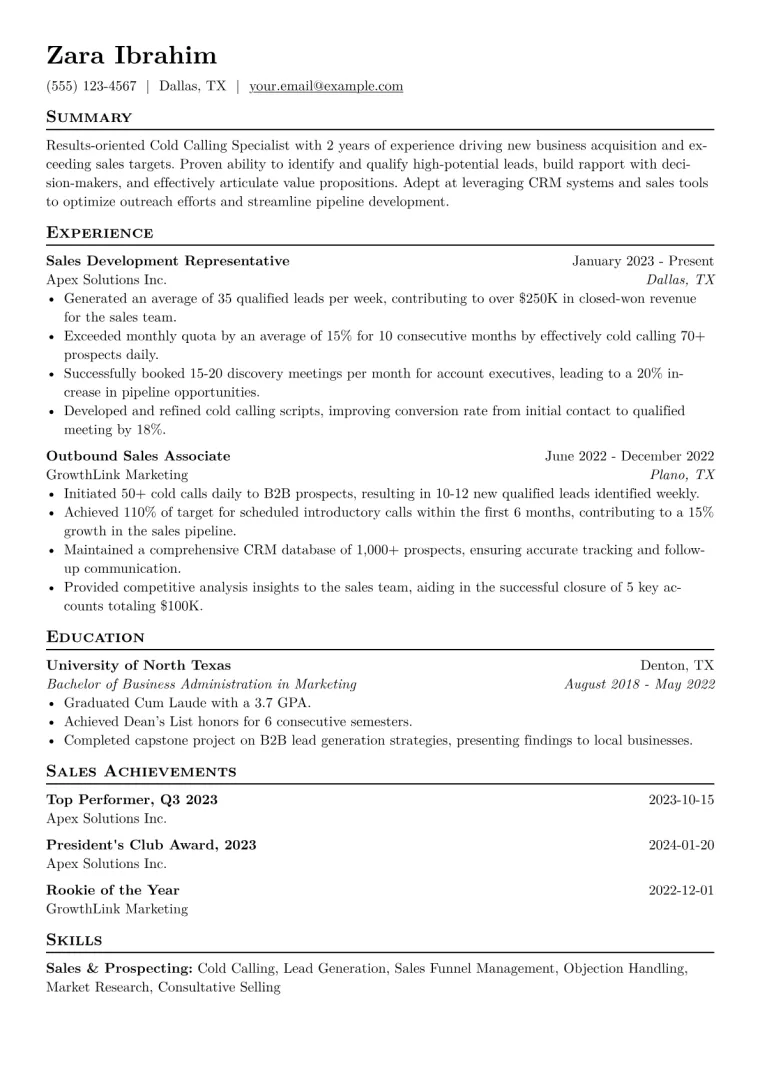 Cold Calling Specialist Resume Example CV template preview