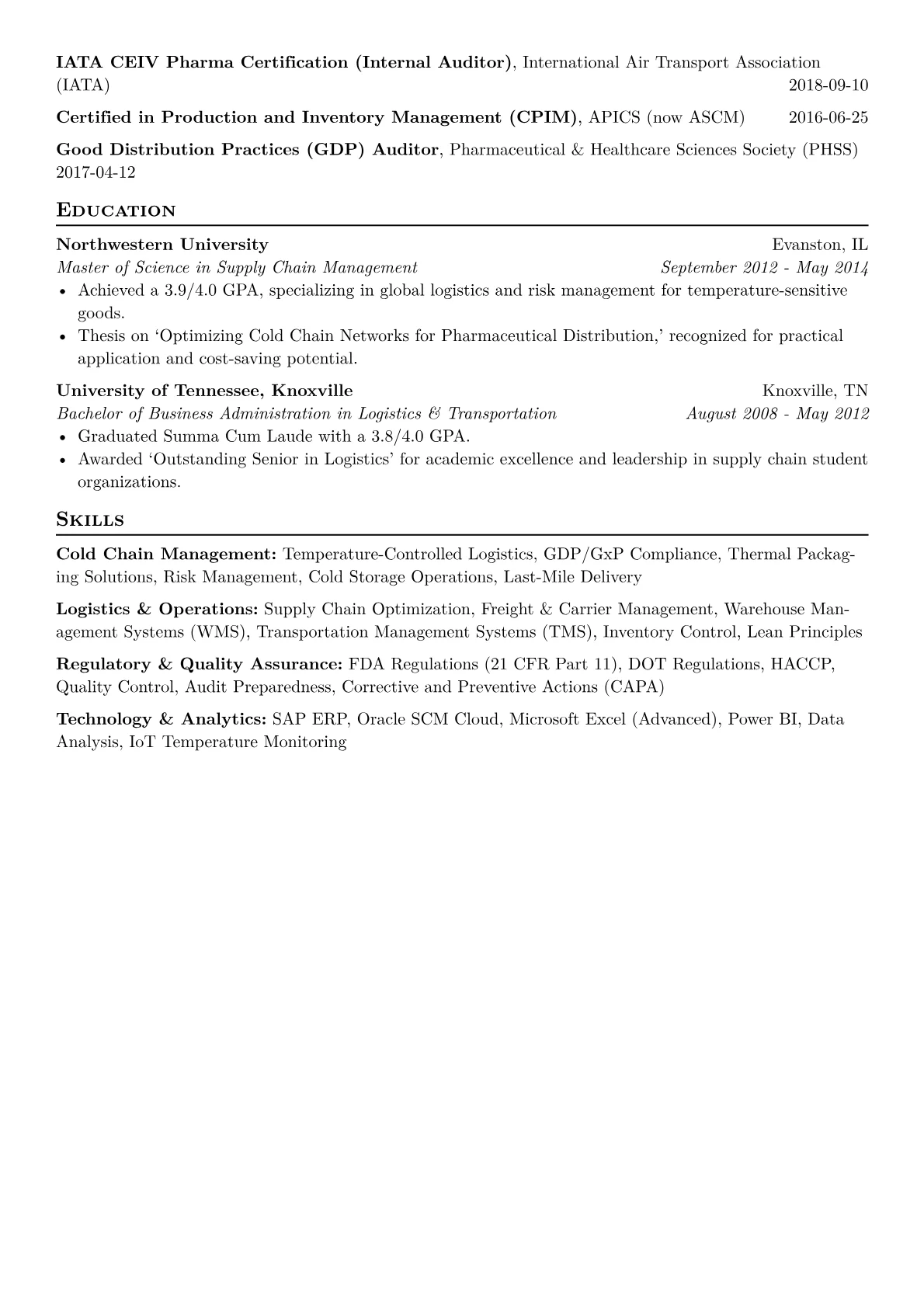 Cold Chain Manager Resume Example CV template - Page 2