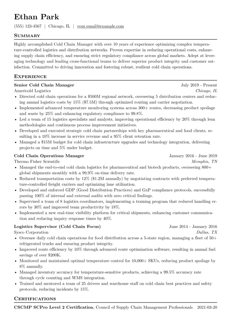 Cold Chain Manager Resume Example CV template preview