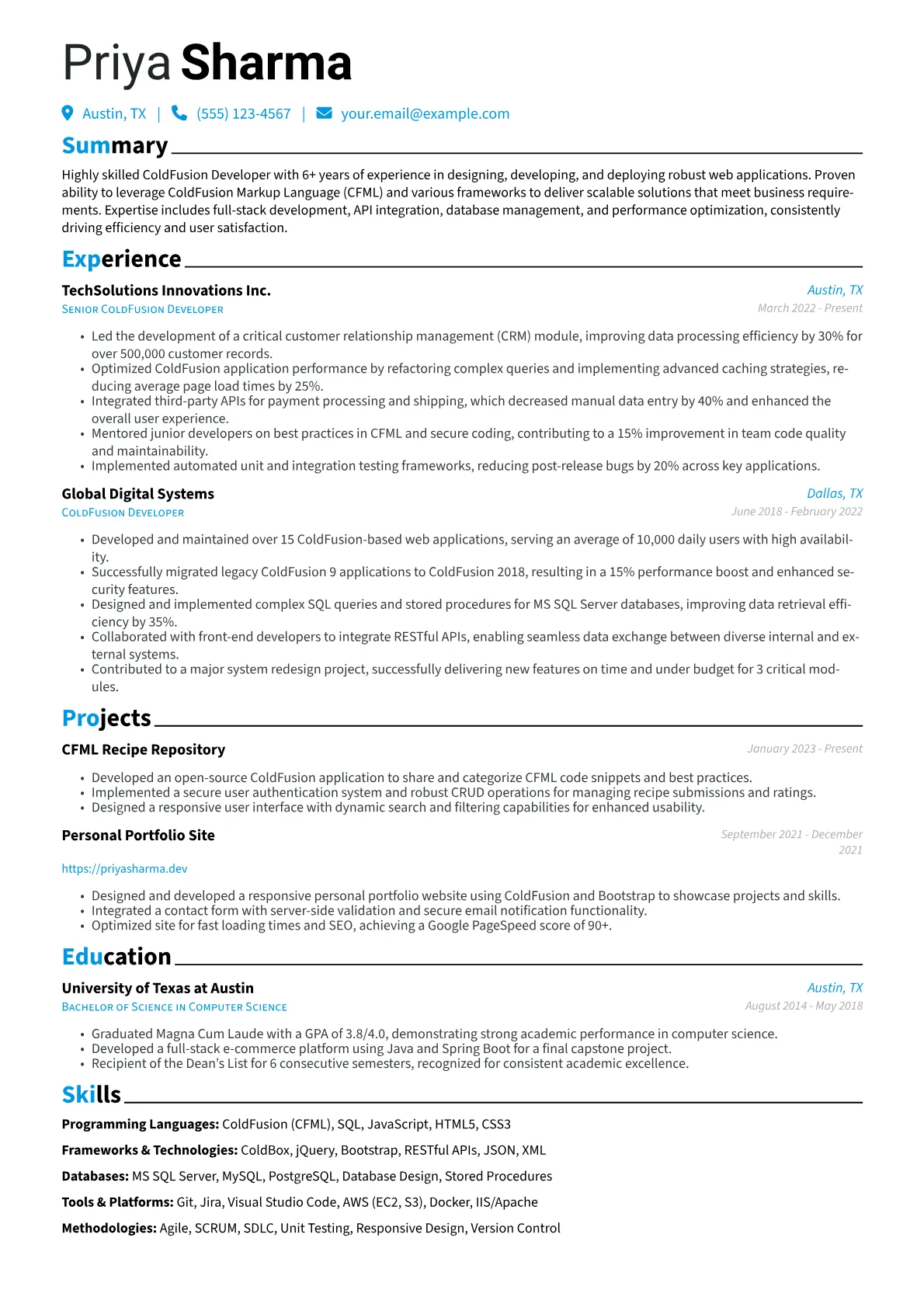 ColdFusion Developer Resume Example CV template - Page 1