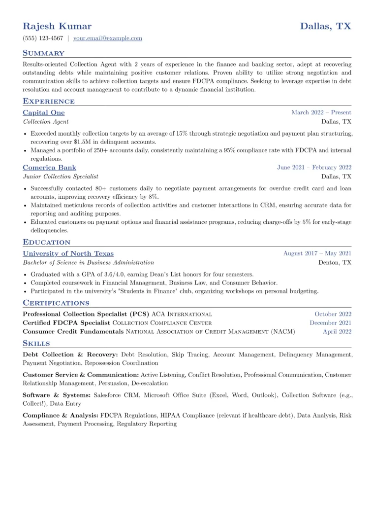 Collection Agent Resume Example CV template preview