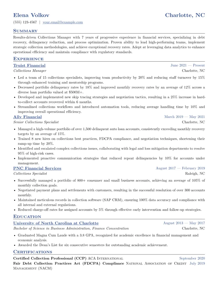 Collections Manager Resume Example CV template preview
