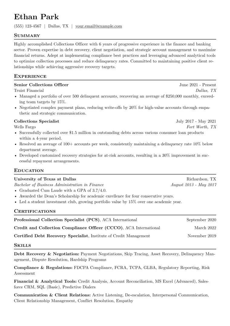 Collections Officer Resume Example CV template preview