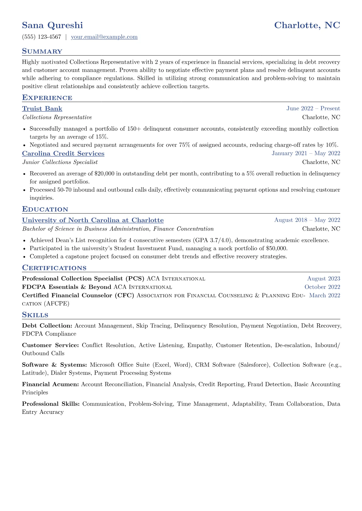 Collections Representative Resume Example CV template - Page 1