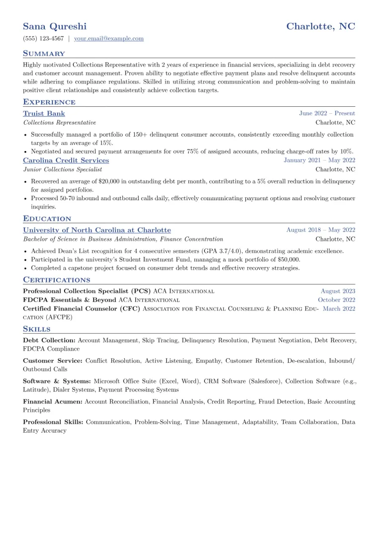 Collections Representative Resume Example CV template preview