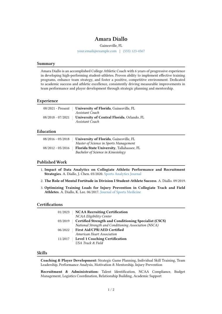 College Athletic Coach Resume Example CV template preview