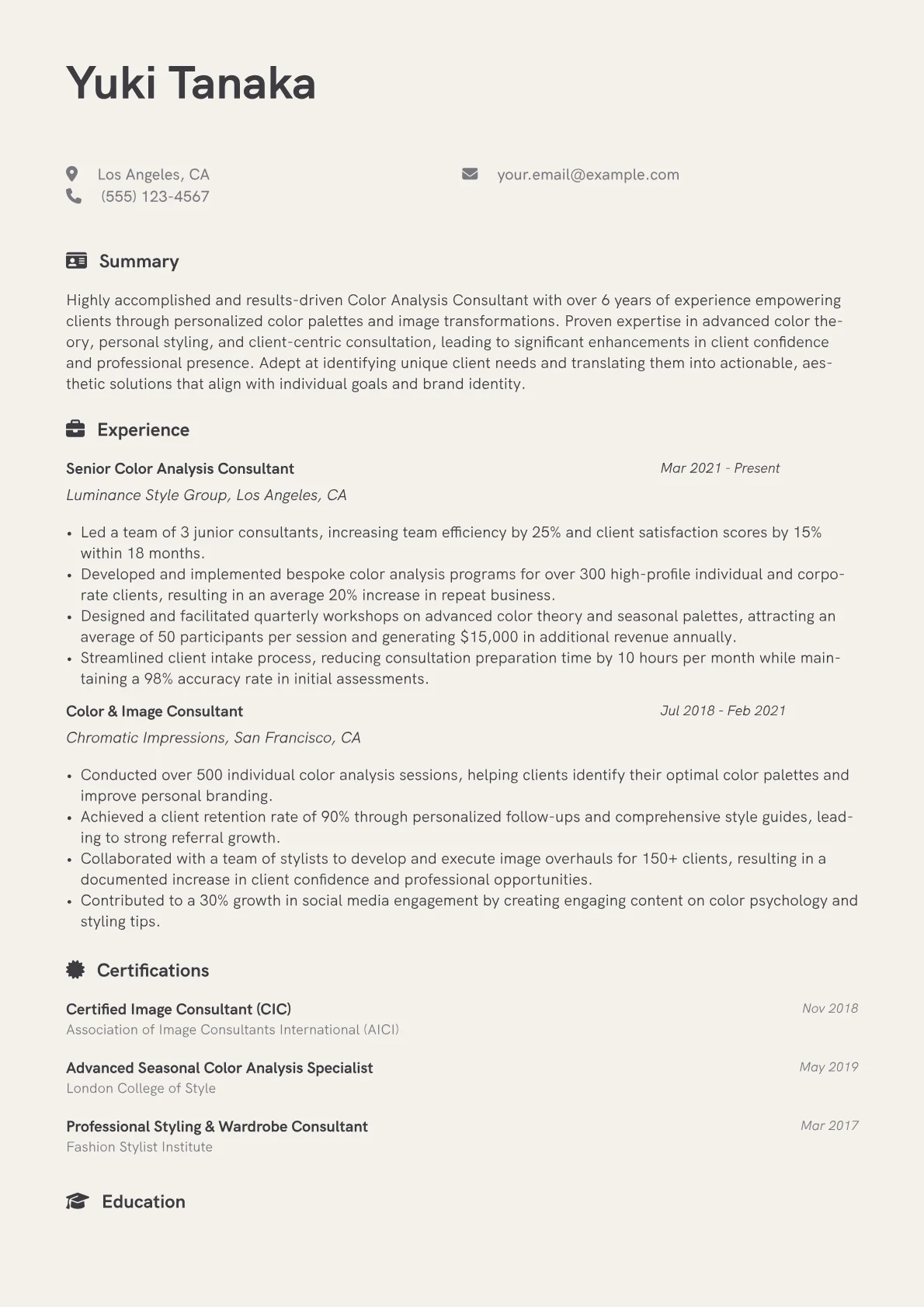 Color Analysis Consultant Resume Example CV template - Page 1
