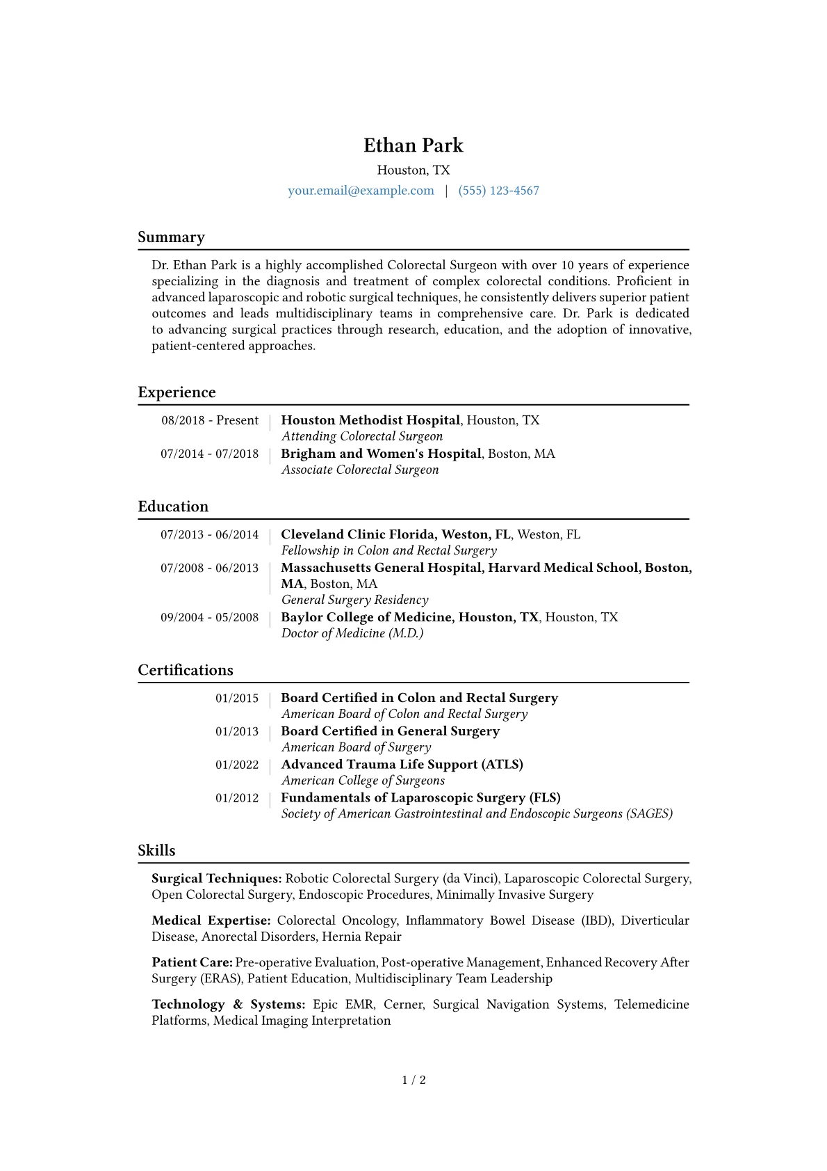 Colorectal Surgeon Resume Example CV template - Page 1