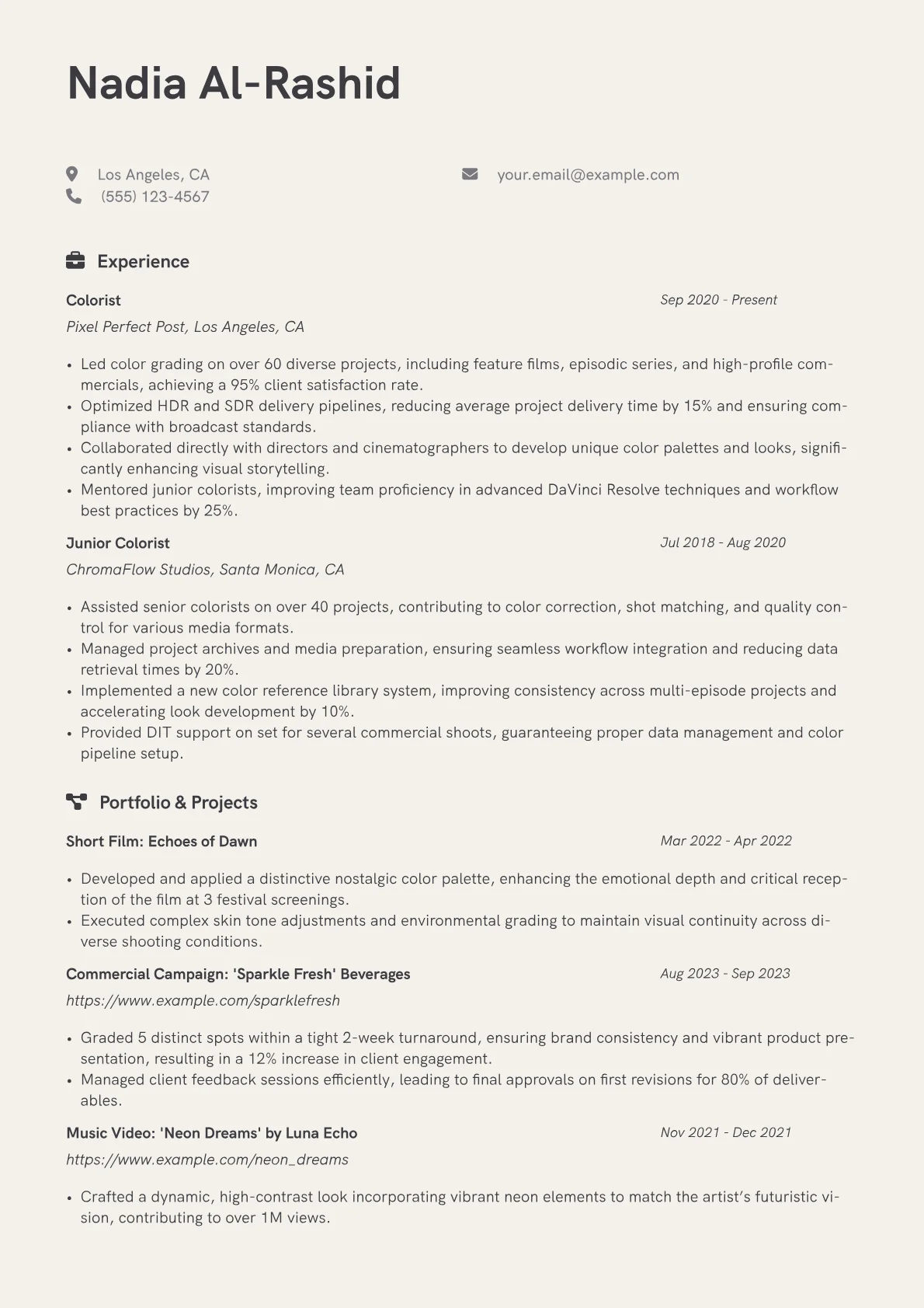 Colorist Resume Example CV template - Page 1