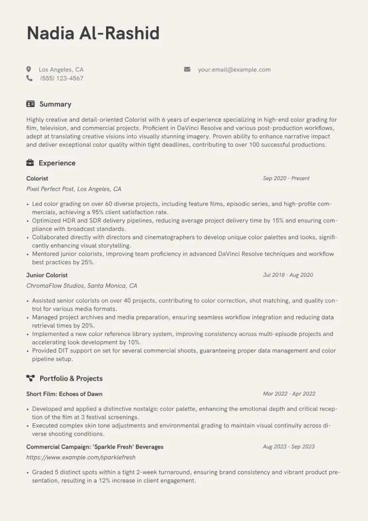Colorist Resume Example CV template preview