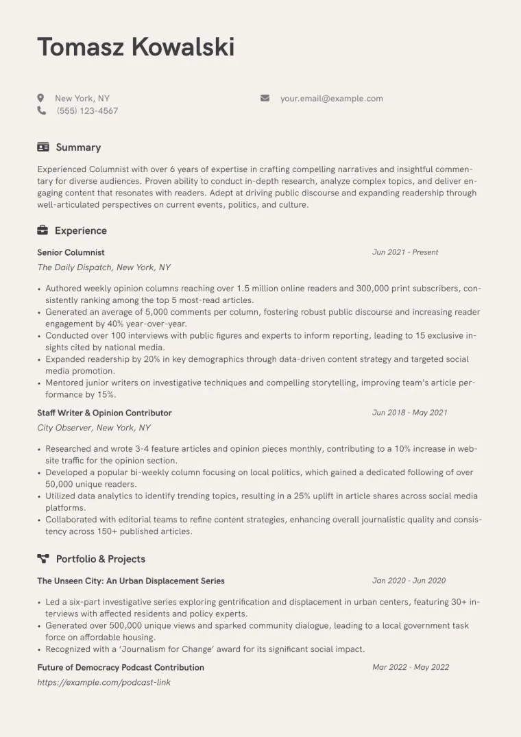Columnist Resume Example CV template preview