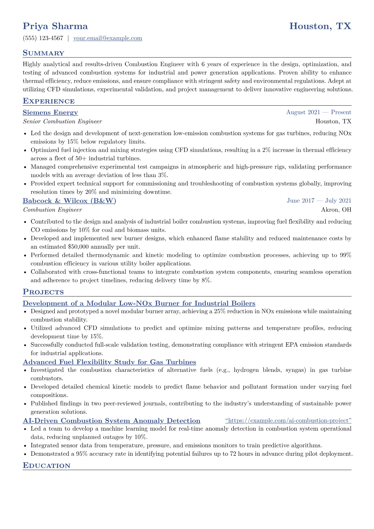 Combustion Engineer Resume Example CV template - Page 1