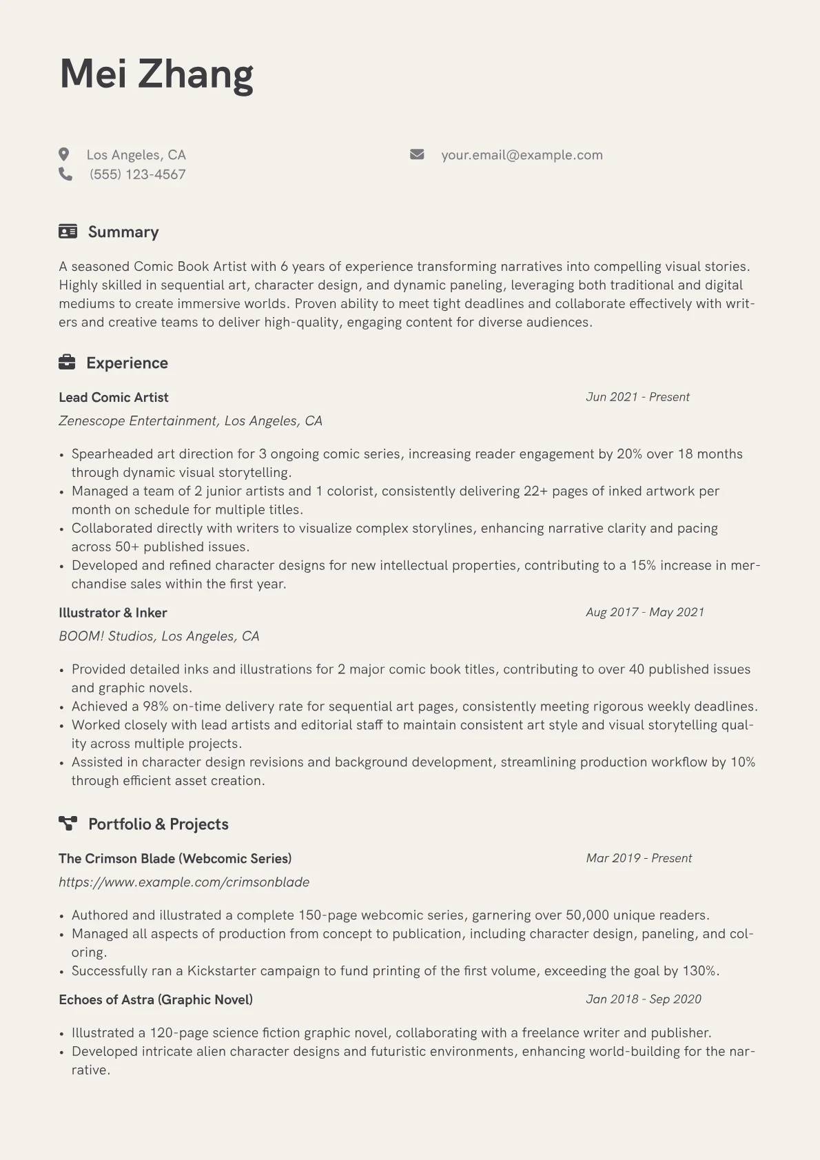 Comic Book Artist Resume Example CV template - Page 1