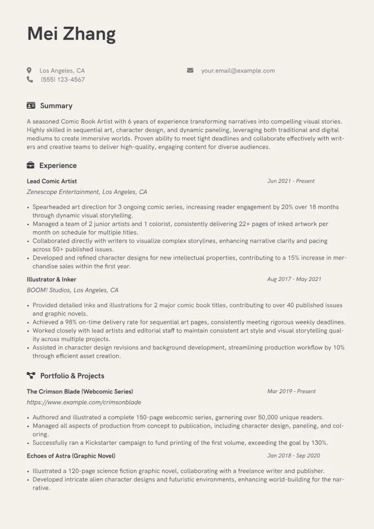 Comic Book Artist Resume Example CV template preview