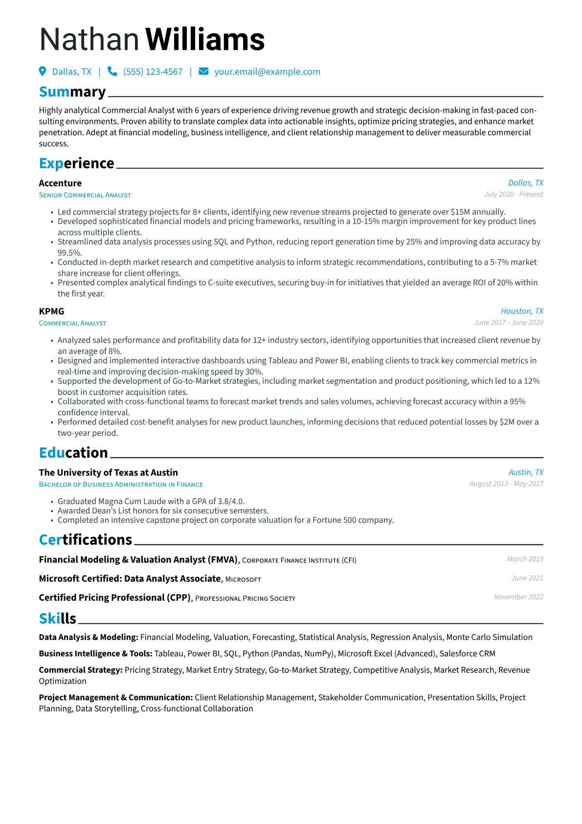 Commercial Analyst Resume Example CV template - Page 1