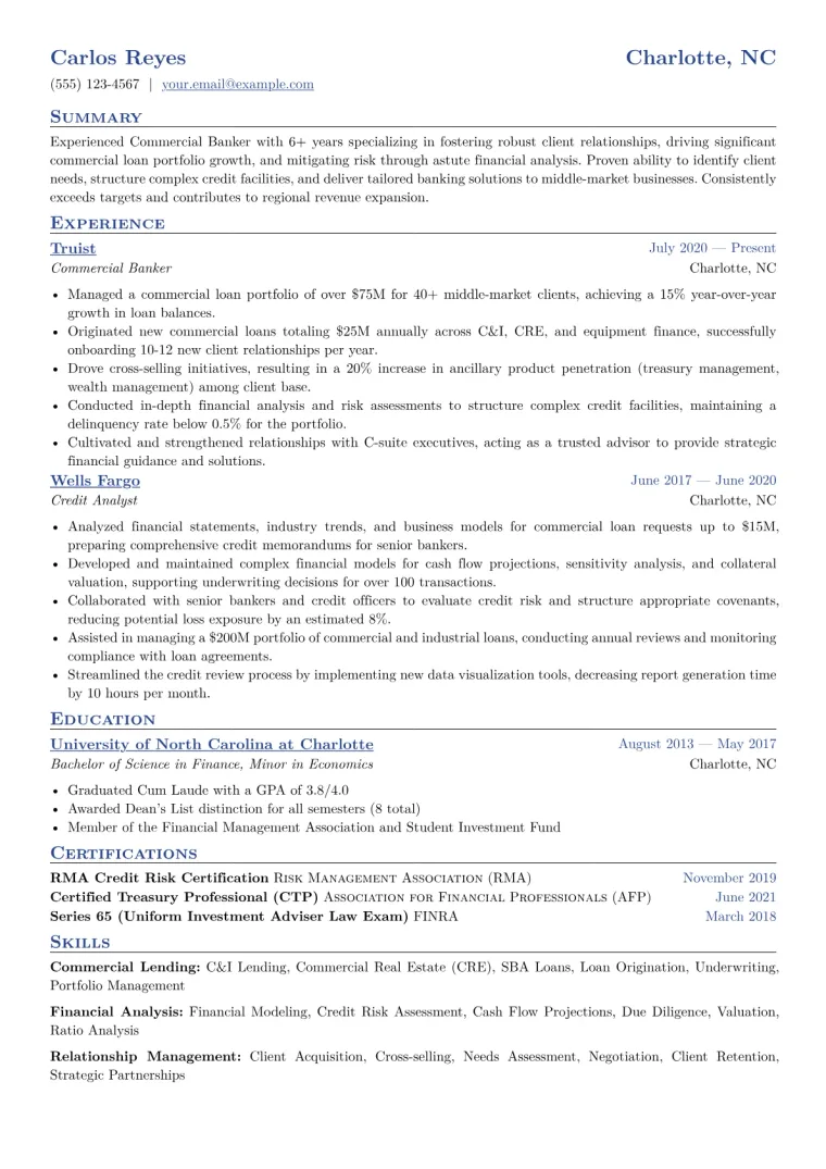Commercial Banker Resume Example CV template preview