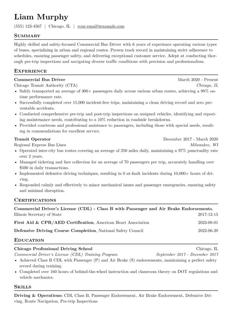 Commercial Bus Driver Resume Example CV template preview