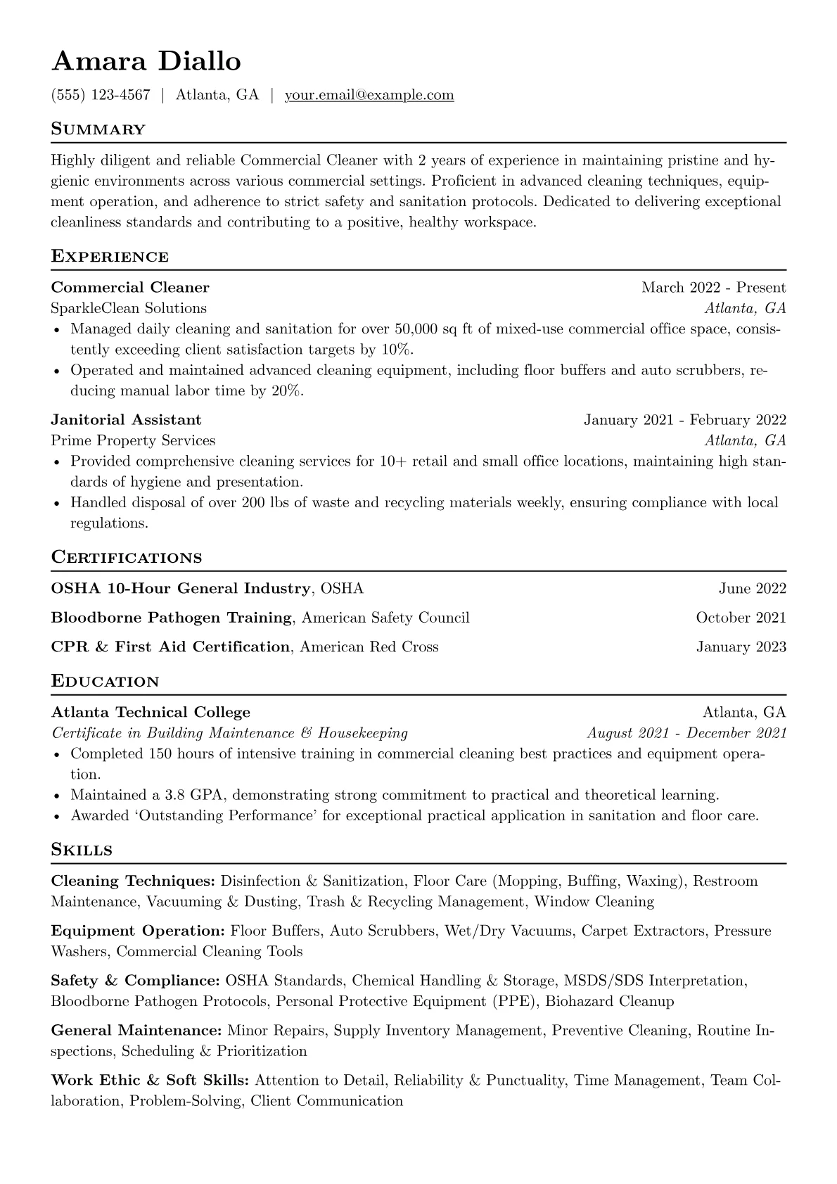 Commercial Cleaner Resume Example CV template - Page 1