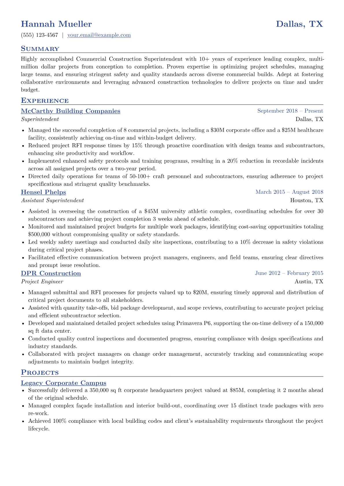 Commercial Construction Superintendent Resume Example CV template - Page 1
