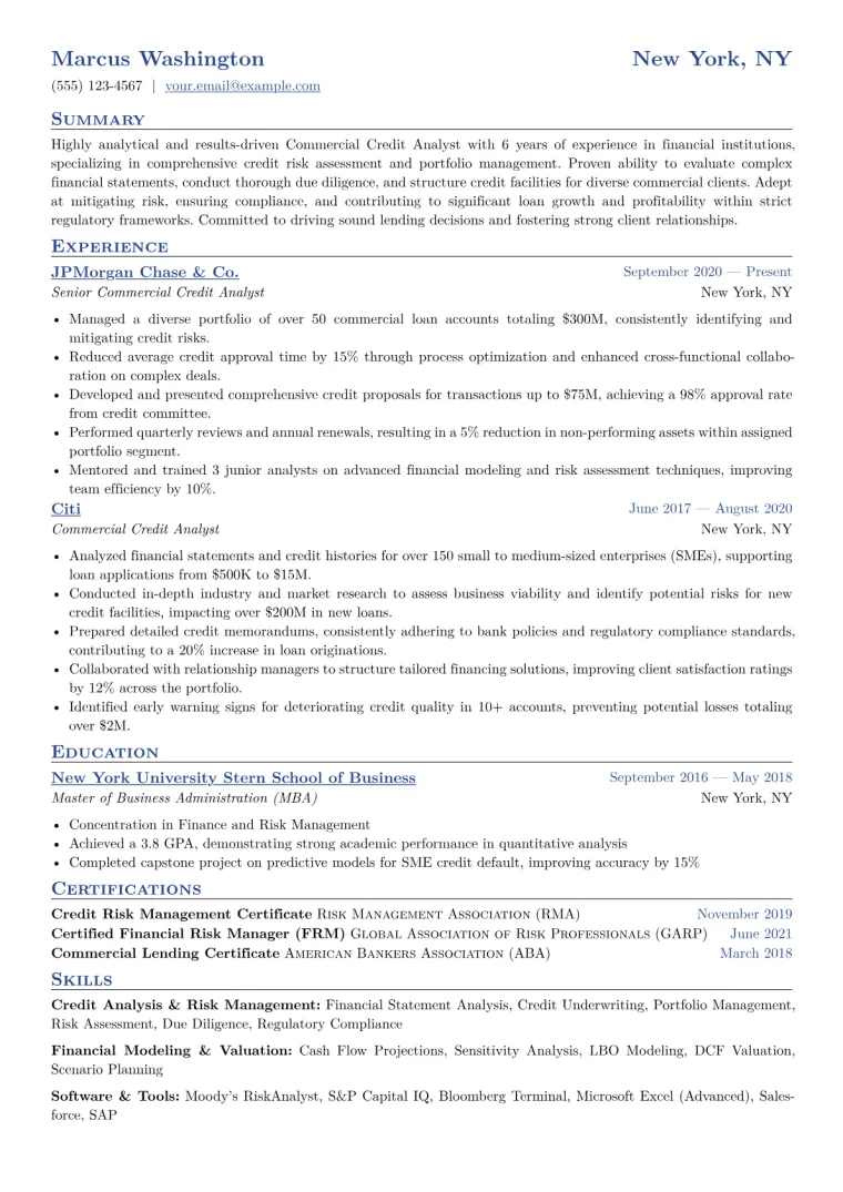 Commercial Credit Analyst Resume Example CV template preview