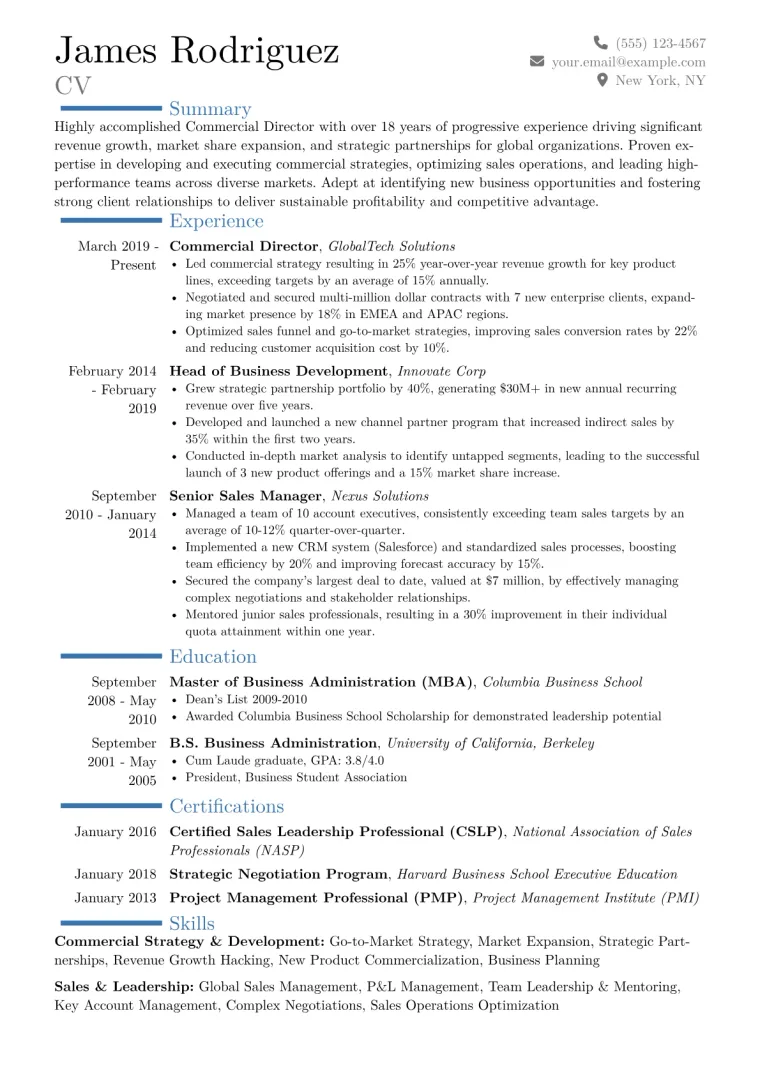 Commercial Director Resume Example CV template preview