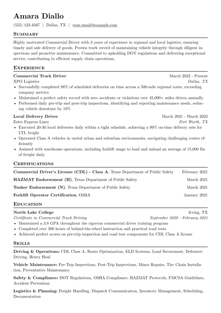 Commercial Driver Resume Example CV template preview