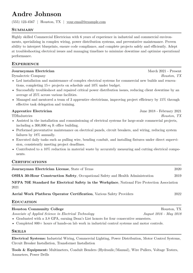 Commercial Electrician Resume Example CV template preview