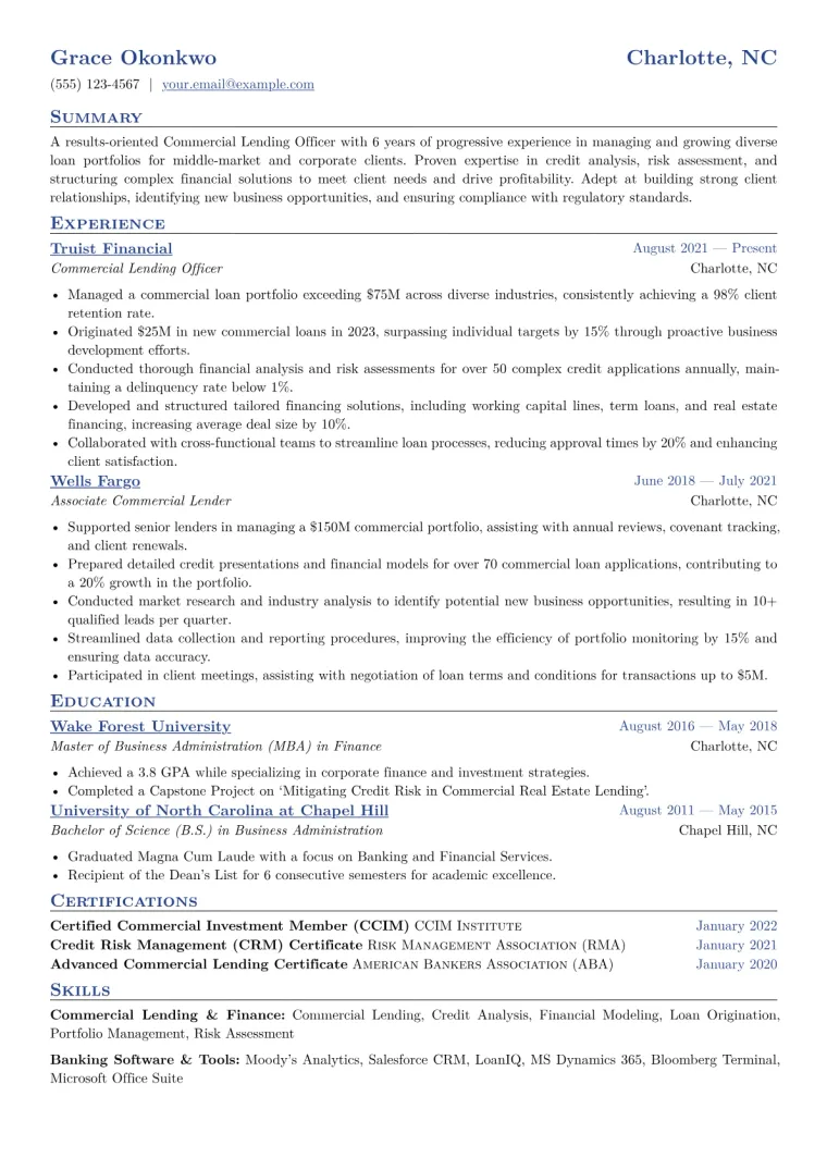 Commercial Lending Officer Resume Example CV template preview