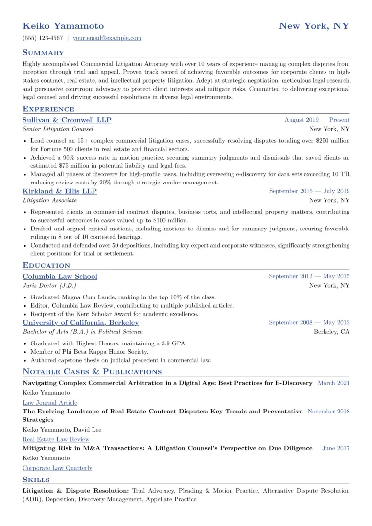 Commercial Litigation Attorney Resume Example CV template preview
