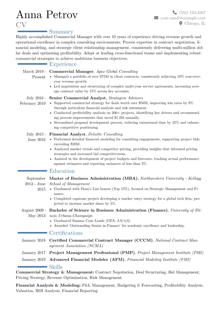 Commercial Manager Resume Example