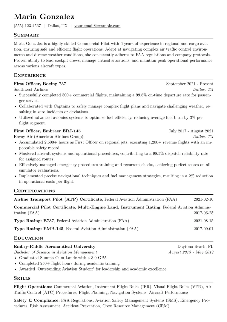 Commercial Pilot Resume Example CV template preview