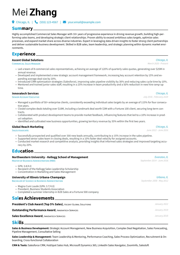 Commercial Sales Manager Resume Example CV template preview