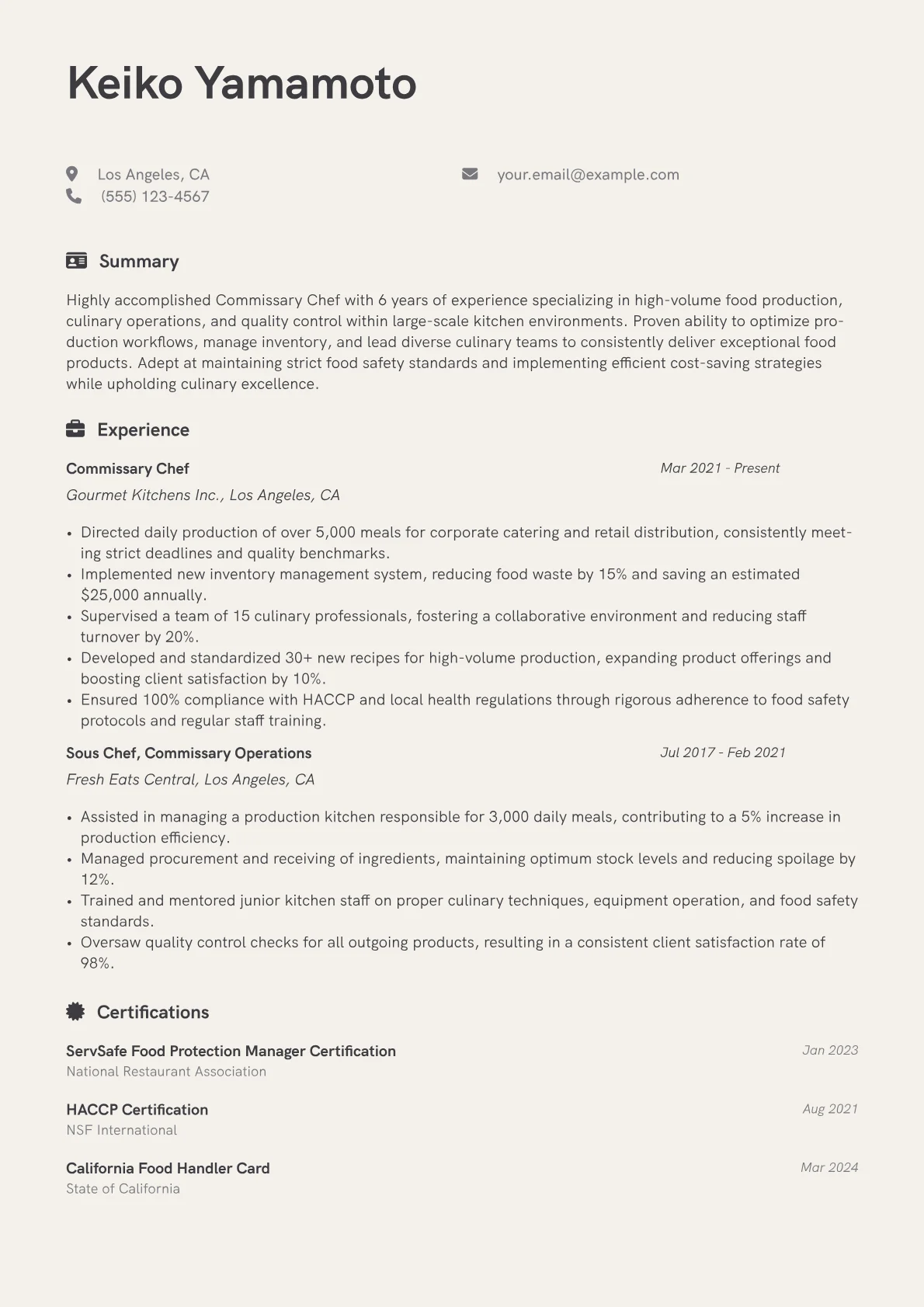 Commissary Chef Resume Example CV template - Page 1