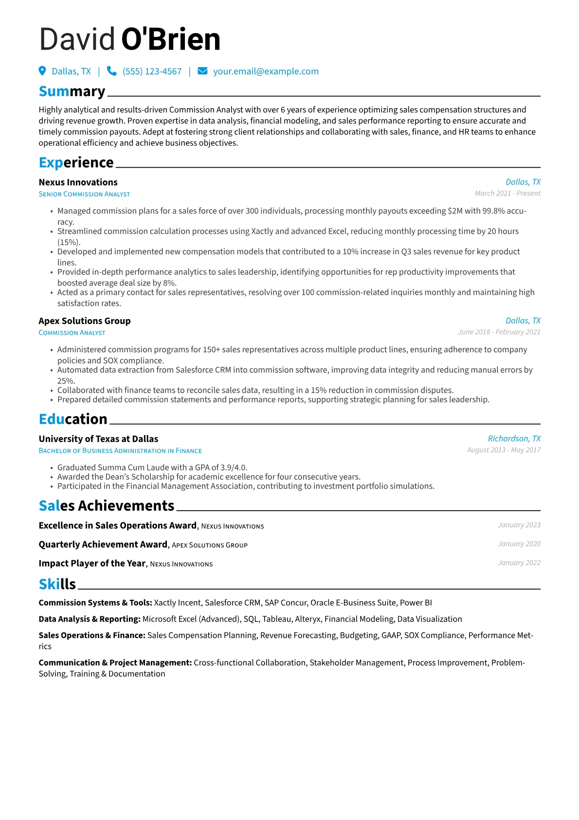 Commission Analyst Resume Example CV template - Page 1