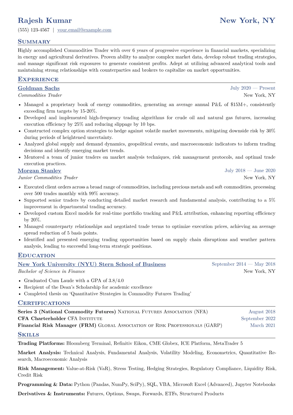 Commodities Trader Resume Example CV template - Page 1