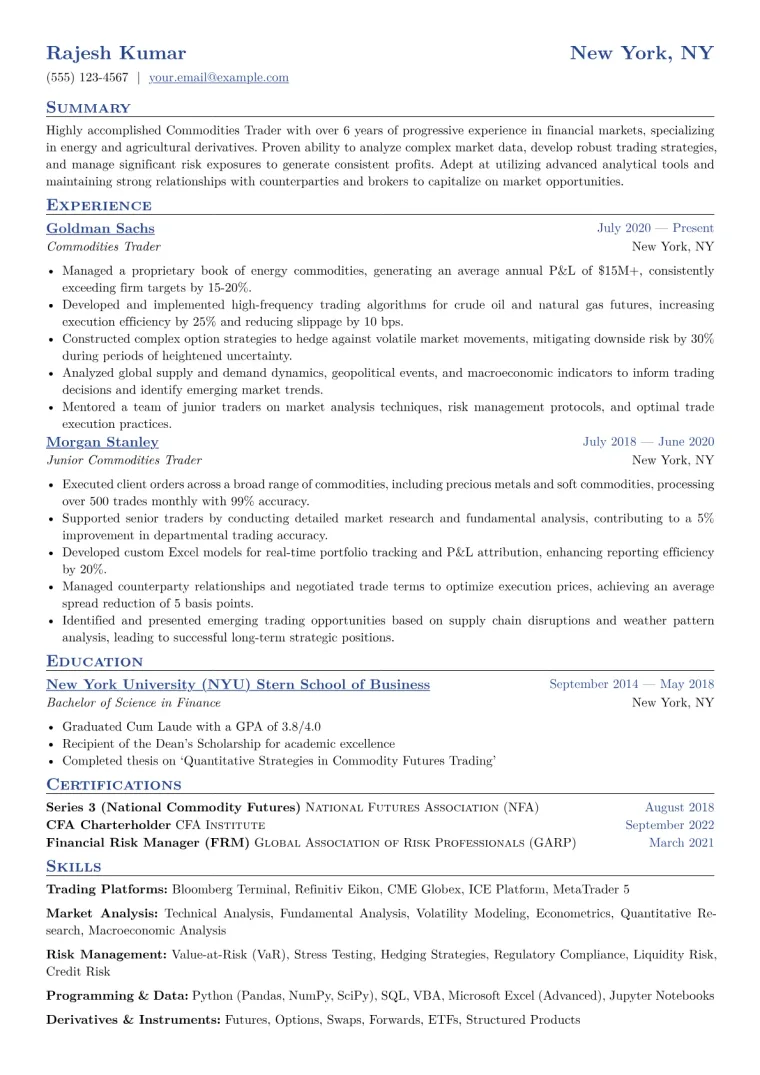 Commodities Trader Resume Example CV template preview