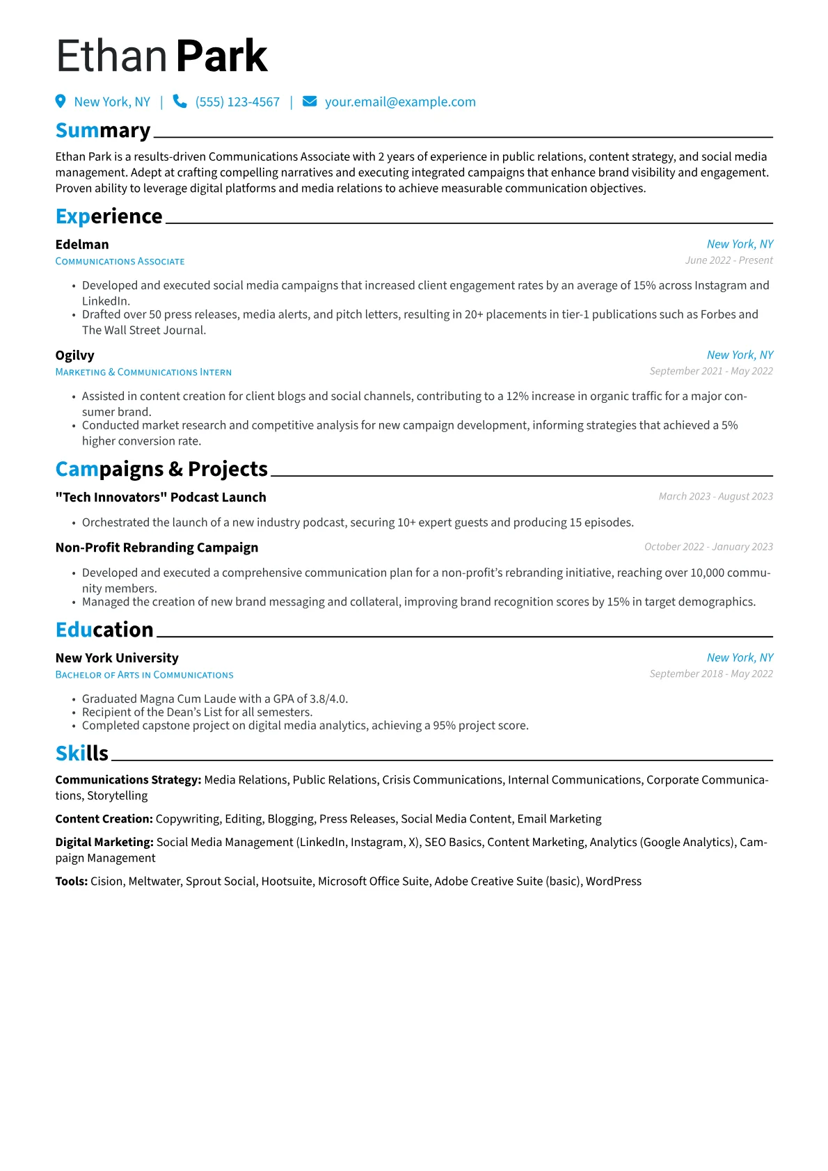 Communications Associate Resume Example CV template - Page 1