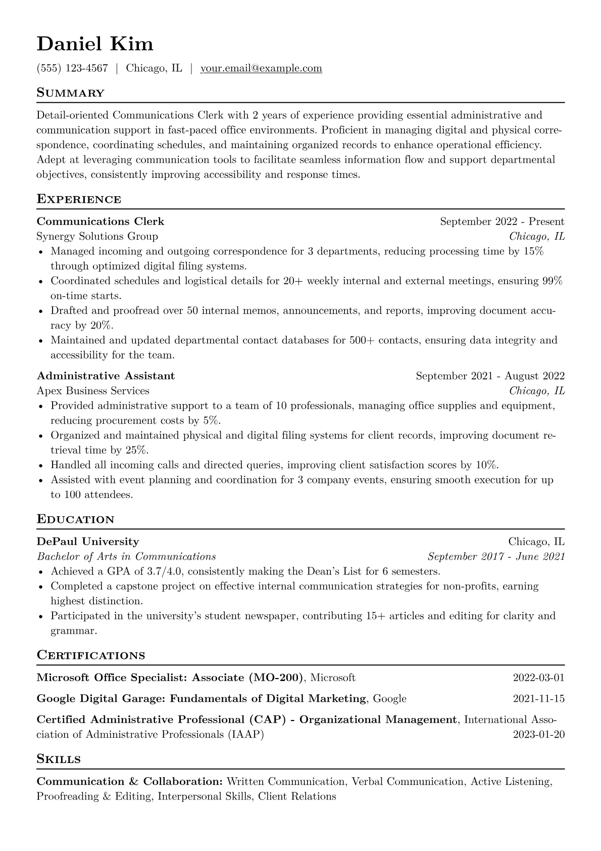 Communications Clerk Resume Example CV template - Page 1