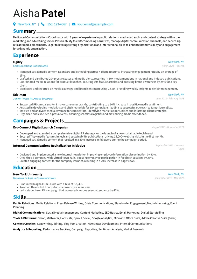 Communications Coordinator Resume Example CV template preview