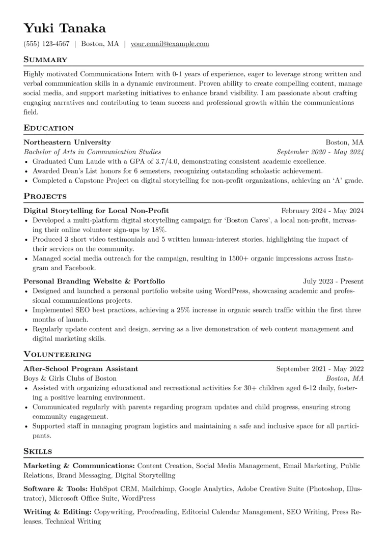 Communications Intern Resume Example