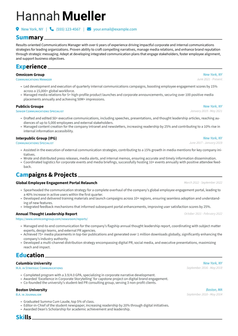 Communications Manager Resume Example