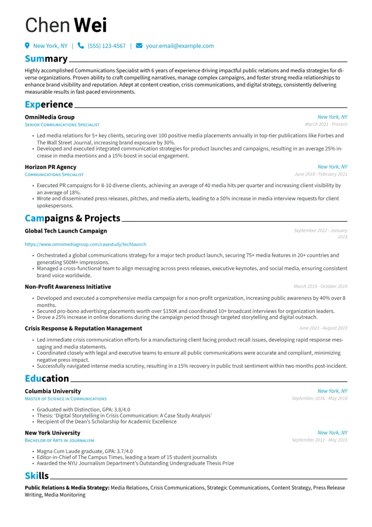 Communications Specialist Resume Example CV template preview